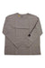 The Carhartt Women's Loose Fit Heavyweight Pocket LS T-Shirt is light gray with a round neck, long sleeves, and black graphics on the right sleeve. It has a pocket and is shown laid flat on a white background.