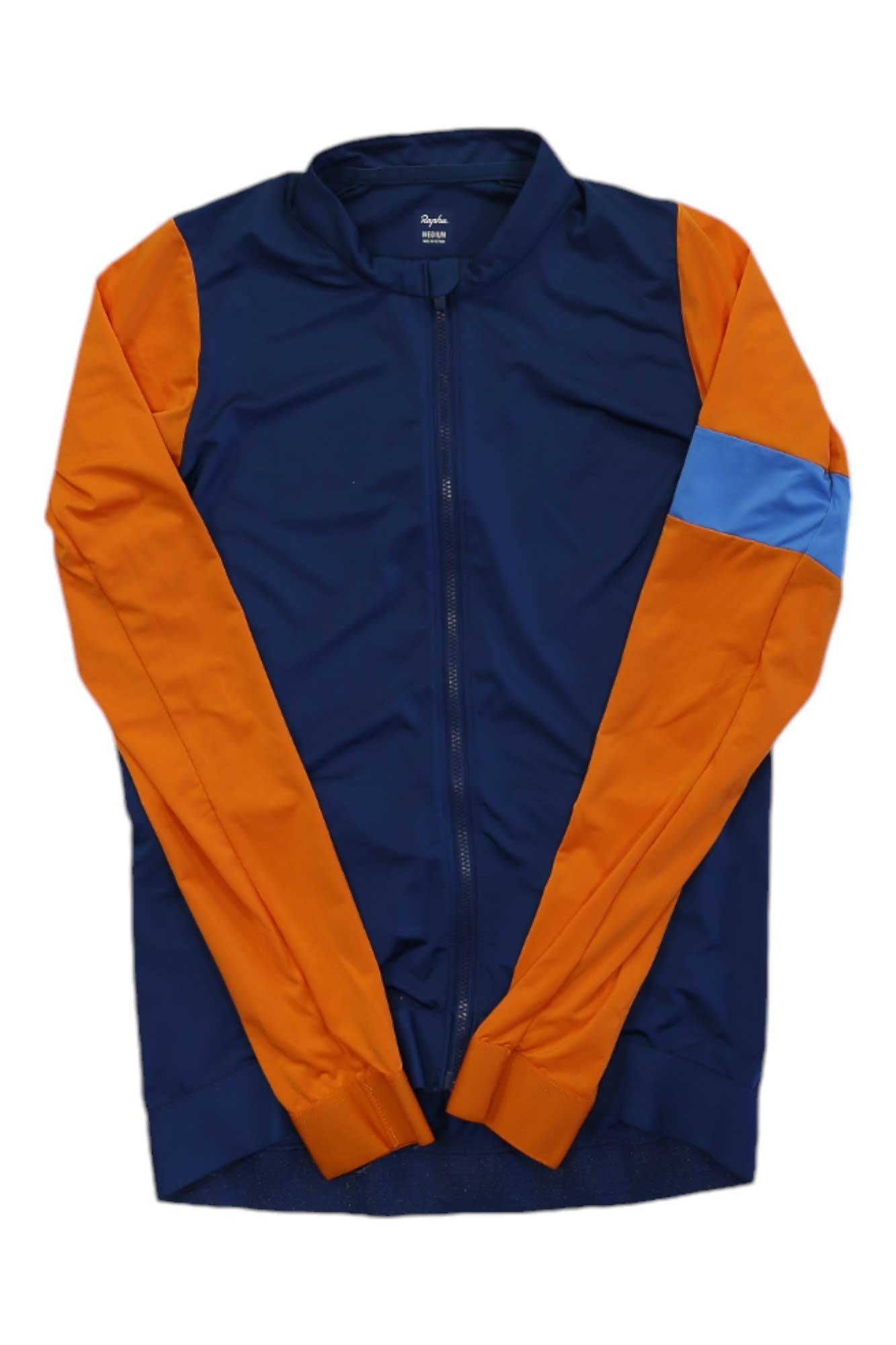A navy blue zip-up cycling jersey with bright orange sleeves and light blue stripe details—perfect for fans of the Rapha Mens Pro Team Long Sleeve Training Jersey and those seeking premium men's cycling apparel.