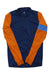 A navy blue zip-up cycling jersey with bright orange sleeves and light blue stripe details—perfect for fans of the Rapha Mens Pro Team Long Sleeve Training Jersey and those seeking premium men's cycling apparel.