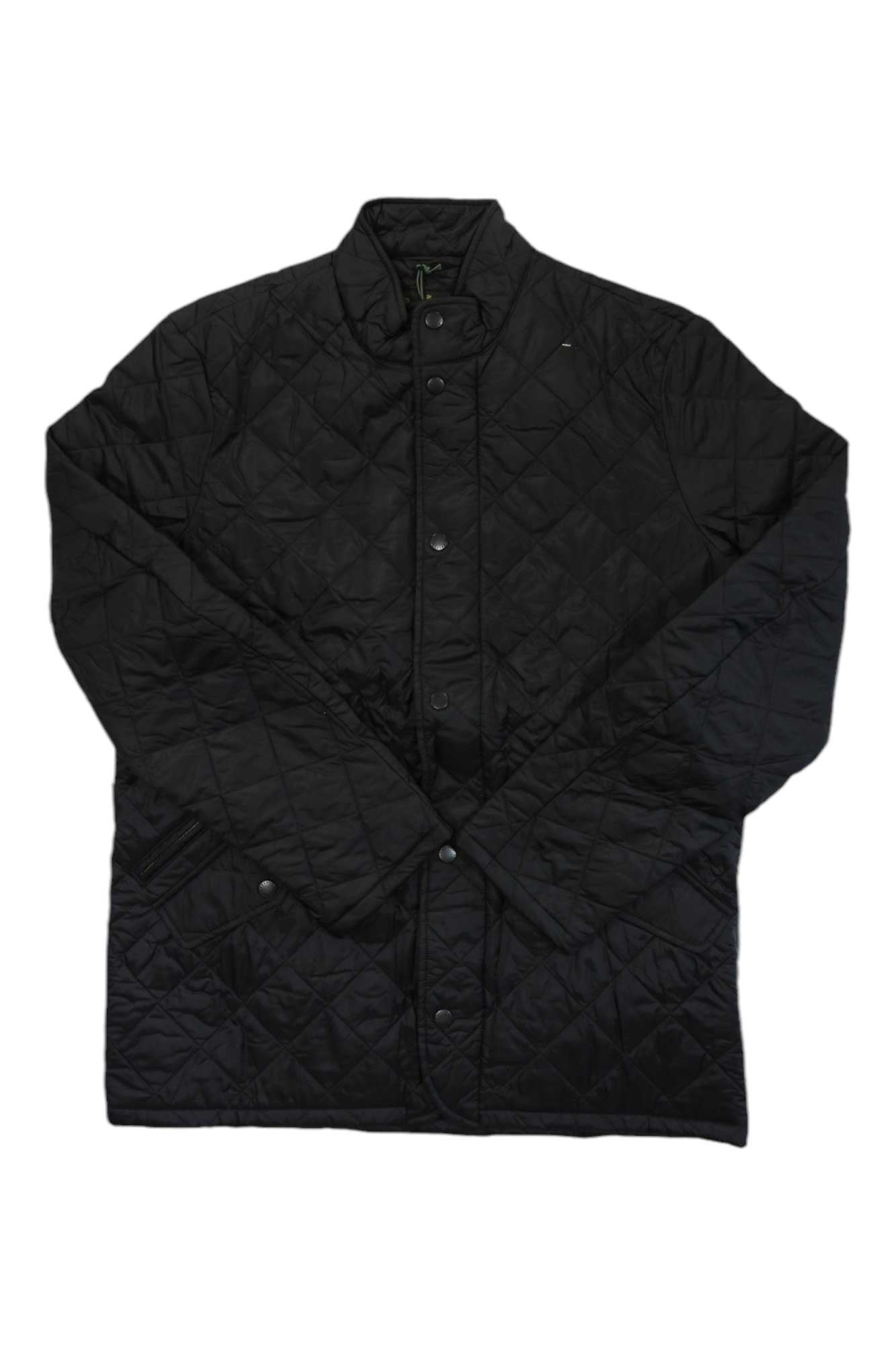 Men's black quilted Chelsea jacket with stand collar and full button-front