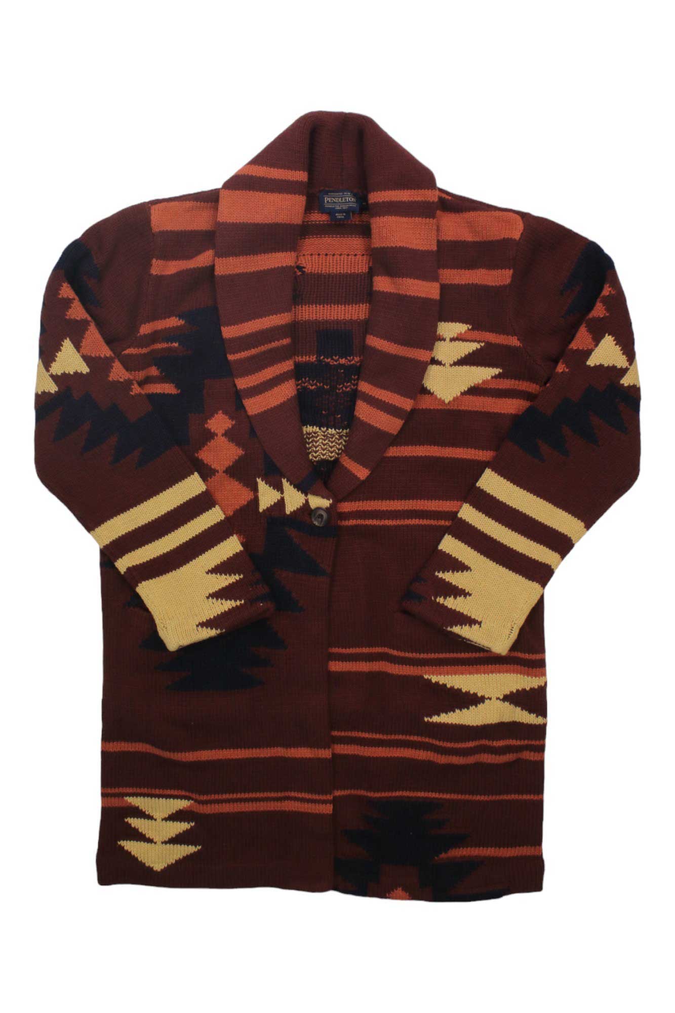 Women’s graphic sweater coat in burgundy with orange, navy, and cream aztec patterns