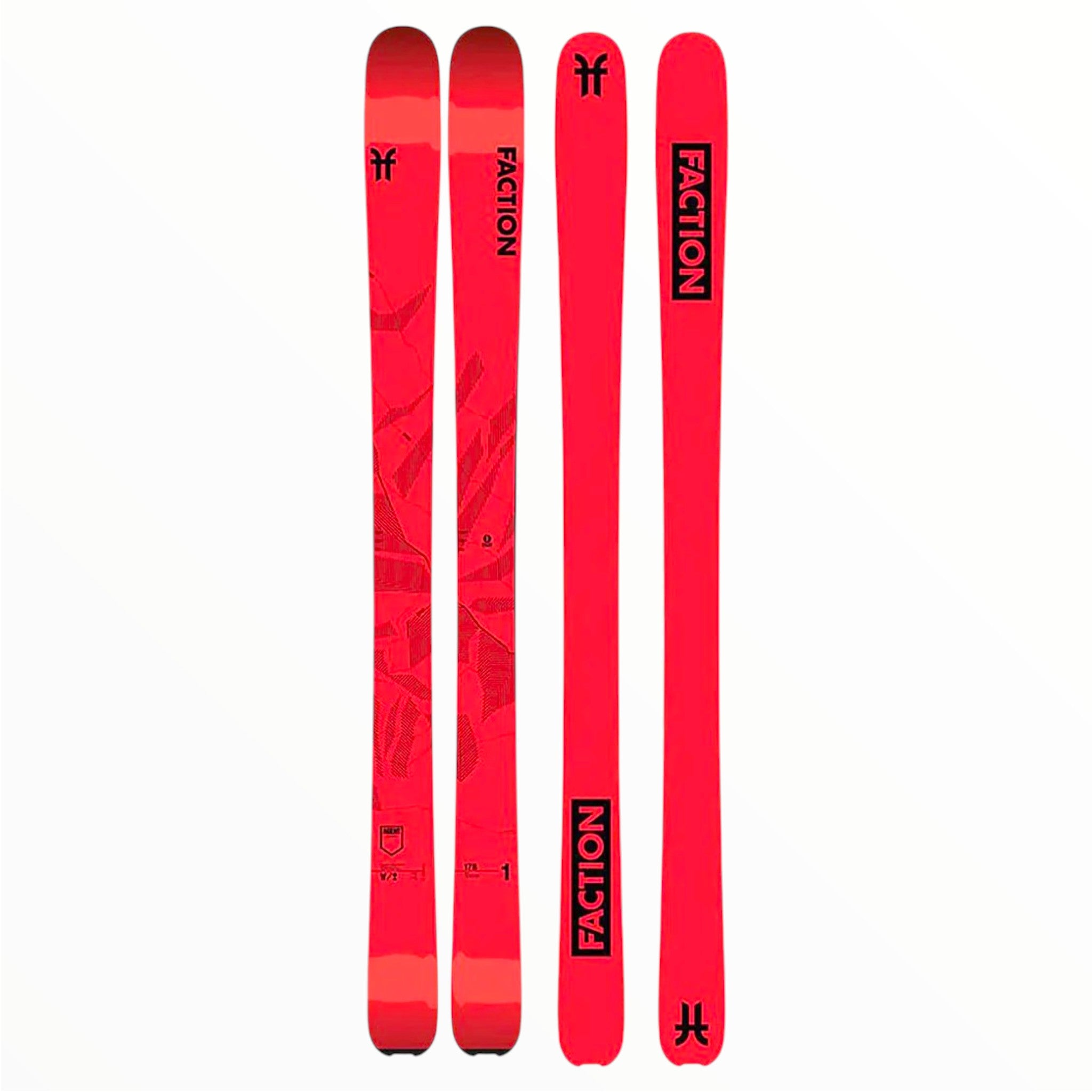 Four Faction Agent 1 Skis - 2023 are shown side by side, featuring a progressive shape and lightweight Karuba woodcore. The tops display subtle designs, and the bases feature the bold Faction logo in black.