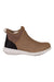 The Bogs Women's Juniper Chelsea Shoe is a brown slip-on with a white textured sole, black heel accent, and back pull tab, inspired by women’s Chelsea boots and crafted for casual wear.