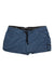 The Black Diamond Womens Sprint 2.5 Inch Short features blue athletic fabric, an elastic waistband with black drawstring, side pockets, a small black label on one leg, quick-drying material, and a lightly wrinkled texture.