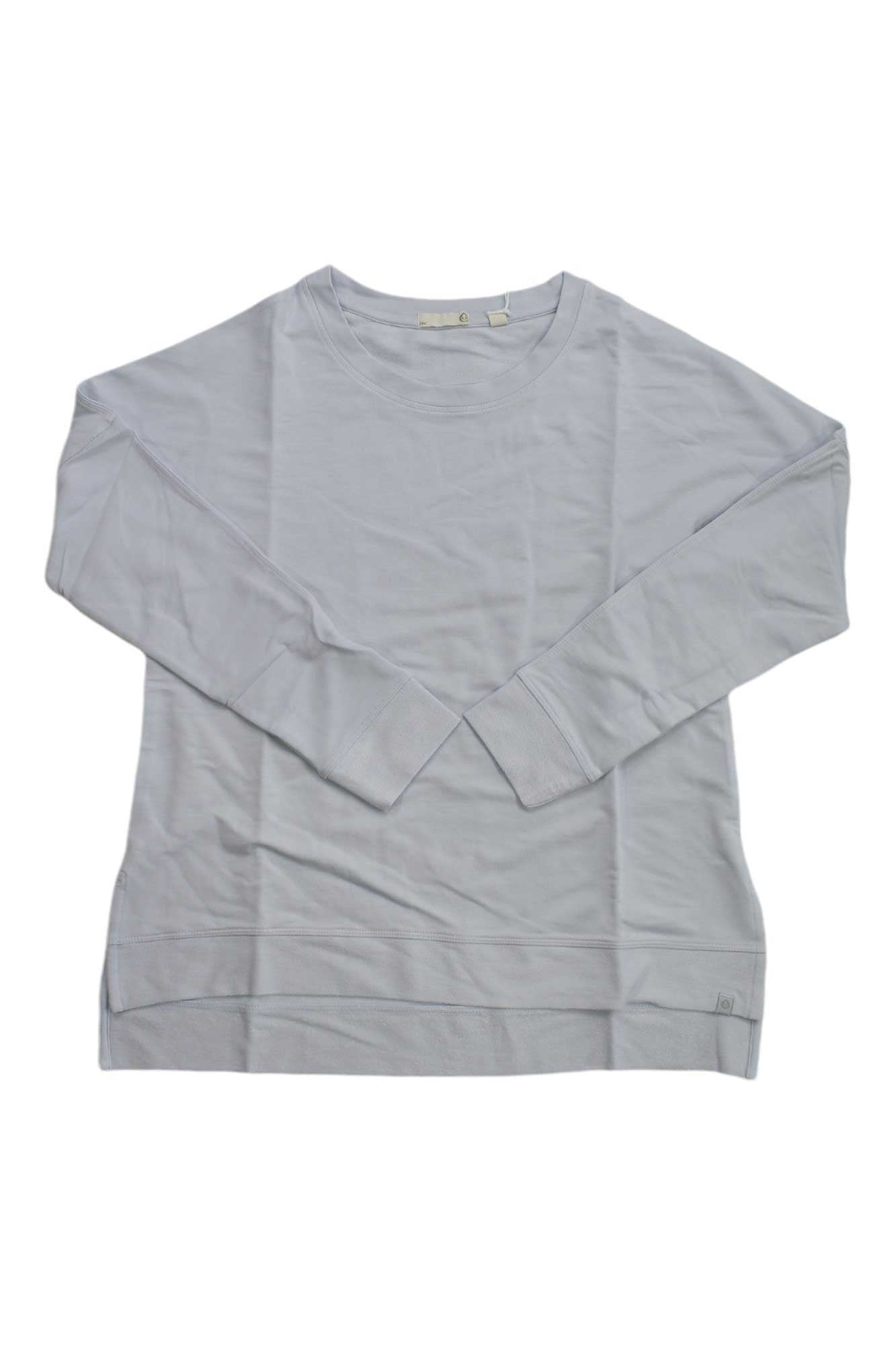 The Tasc Womens Riverwalk Lightweight French Terry Sweatshirt in light gray is shown laid flat on a white background. Its simple design features ribbed cuffs and hem, and it's made from organic cotton for everyday comfort.