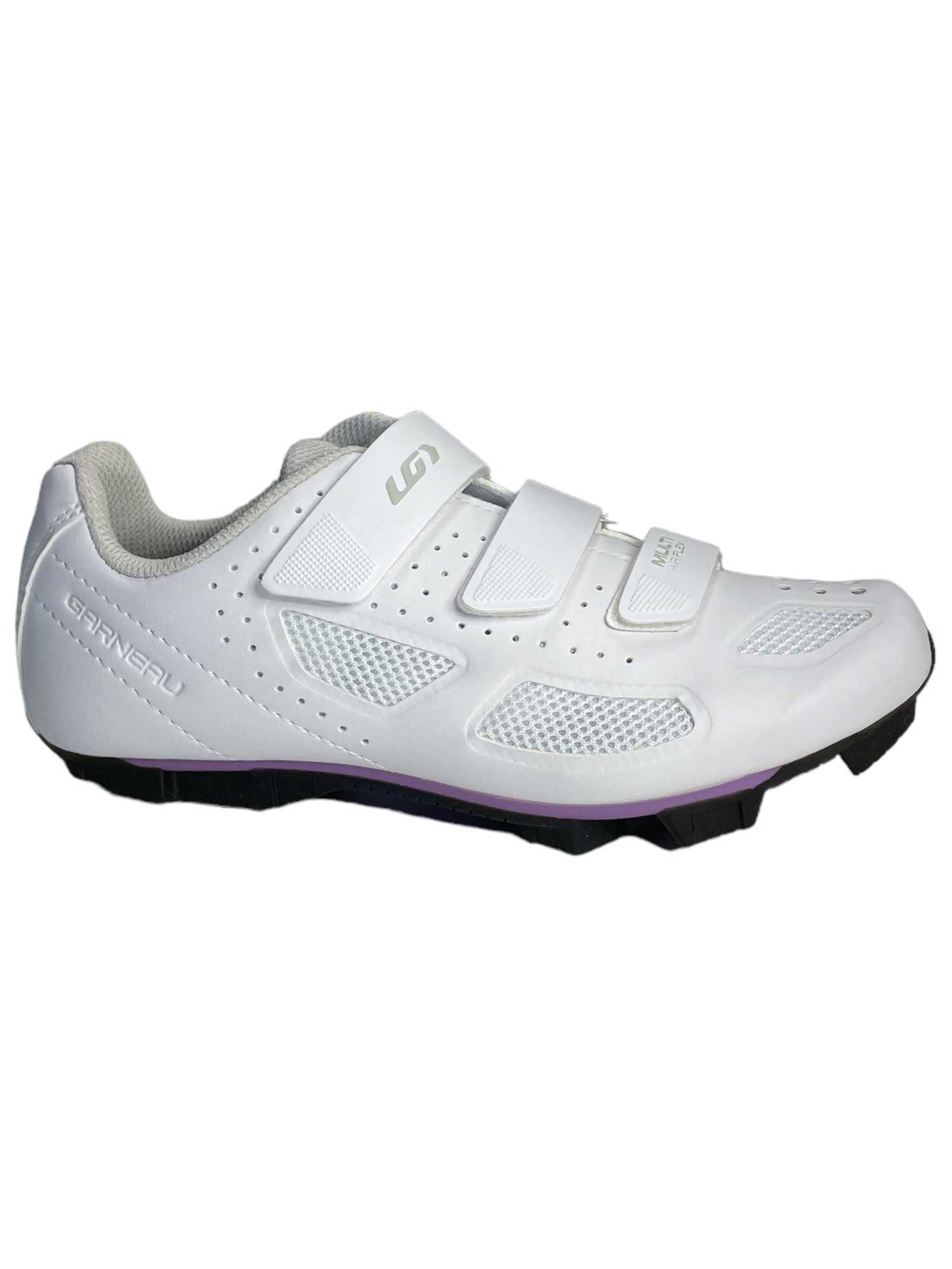 The Louis Garneau Womens Multi Air Flex II Shoe features a white design with two Velcro straps, one buckle, breathable perforated mesh panels, a sturdy treaded sole, 2-bolt cleat compatibility, and subtle branding on the side and tongue.