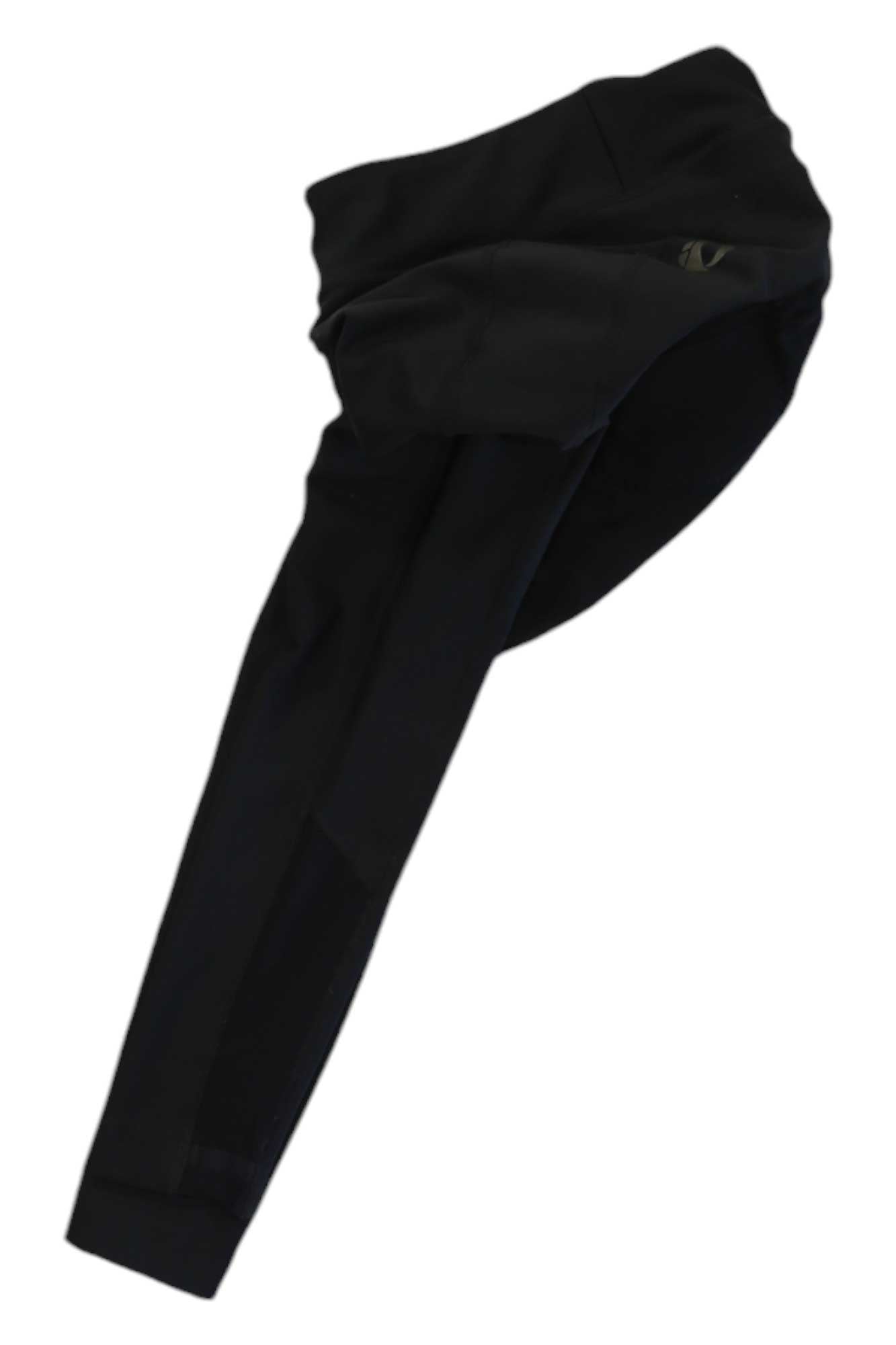 Women's crop leggings, black, diagonal view with gathered waistband and slim leg