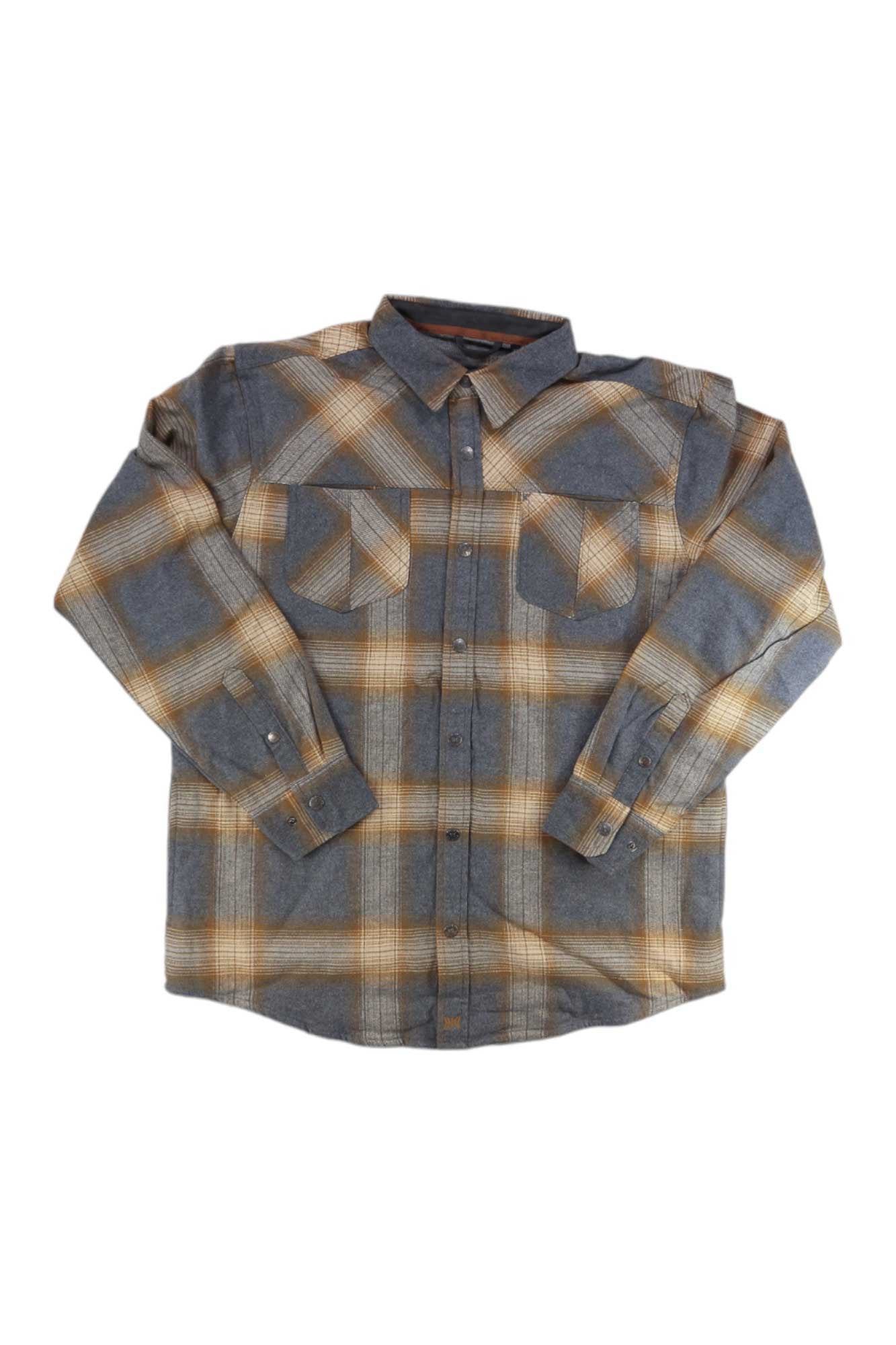 The Dakota Grizzly Mens Gibson Shirt is a casual cotton flannel with grey, beige, and yellow plaid, long sleeves, two chest pockets, and buttoned cuffs, shown laid flat on a white background.