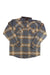 The Dakota Grizzly Mens Gibson Shirt is a casual cotton flannel with grey, beige, and yellow plaid, long sleeves, two chest pockets, and buttoned cuffs, shown laid flat on a white background.