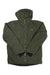 The Rab Mens Khroma Volition Jacket, a green ski jacket with GORE-TEX waterproofing, hood, front zipper, and two side pockets, is laid flat on a white background. The Rab logo appears on the left chest.