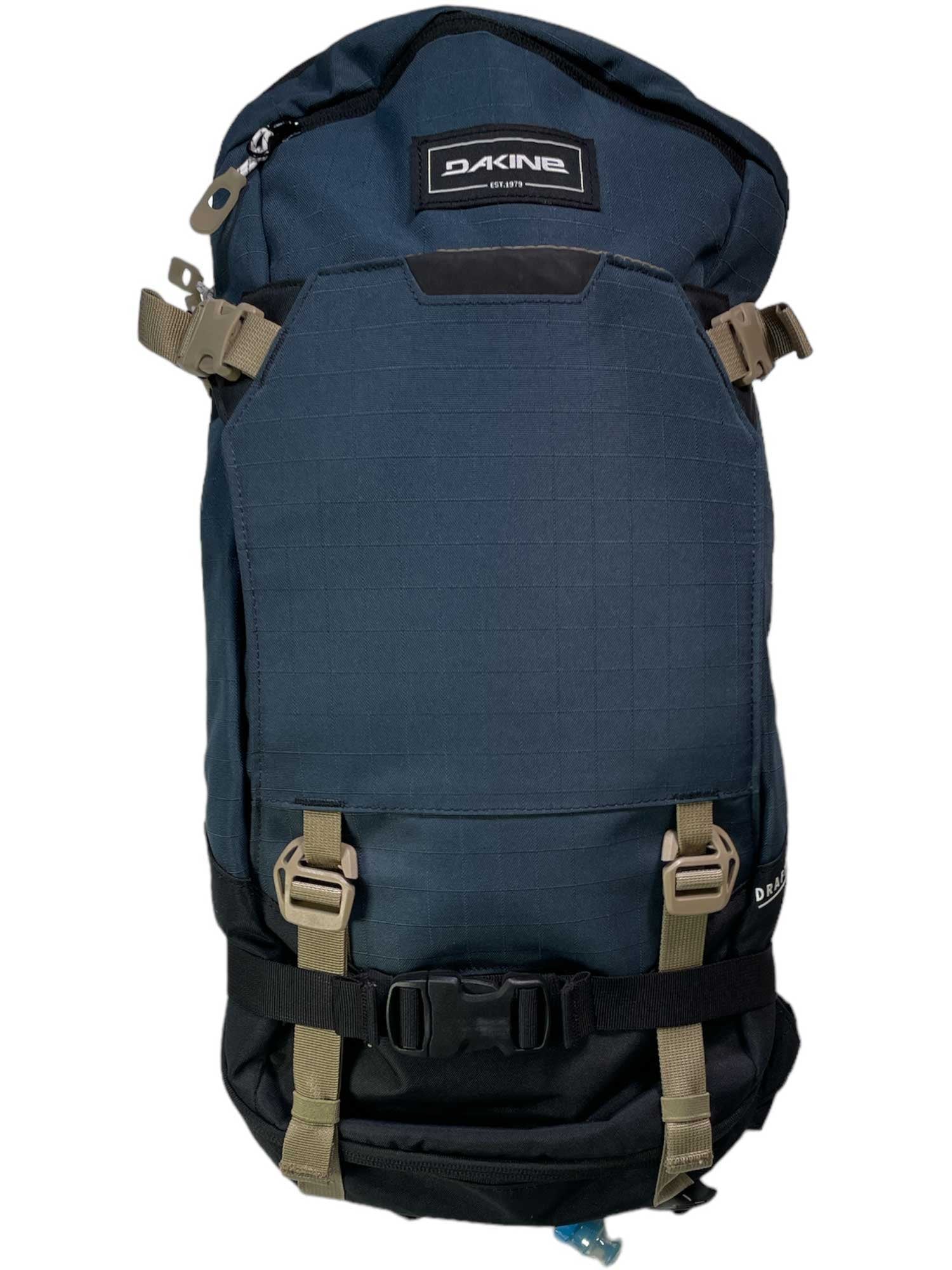 A dark blue Dakine Drafter 14L Hydration Pack made from recycled polyester features tan straps, black base, multiple buckles, and the Dakine logo on the top front, shown on a white background. Includes a 3-liter hydration reservoir.
