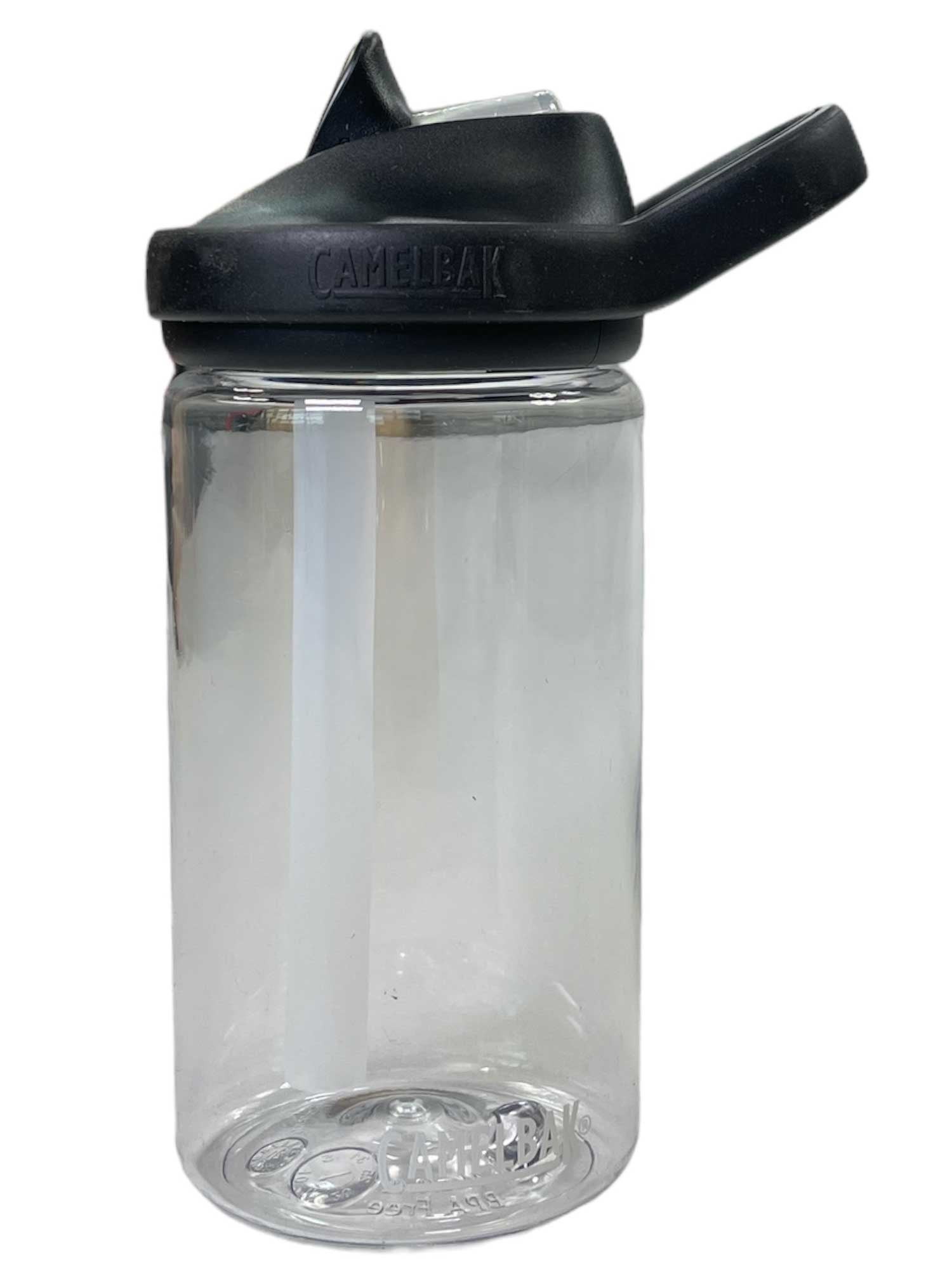 Kids water bottle with black lid and straw, clear bottle body, CamelBak logo