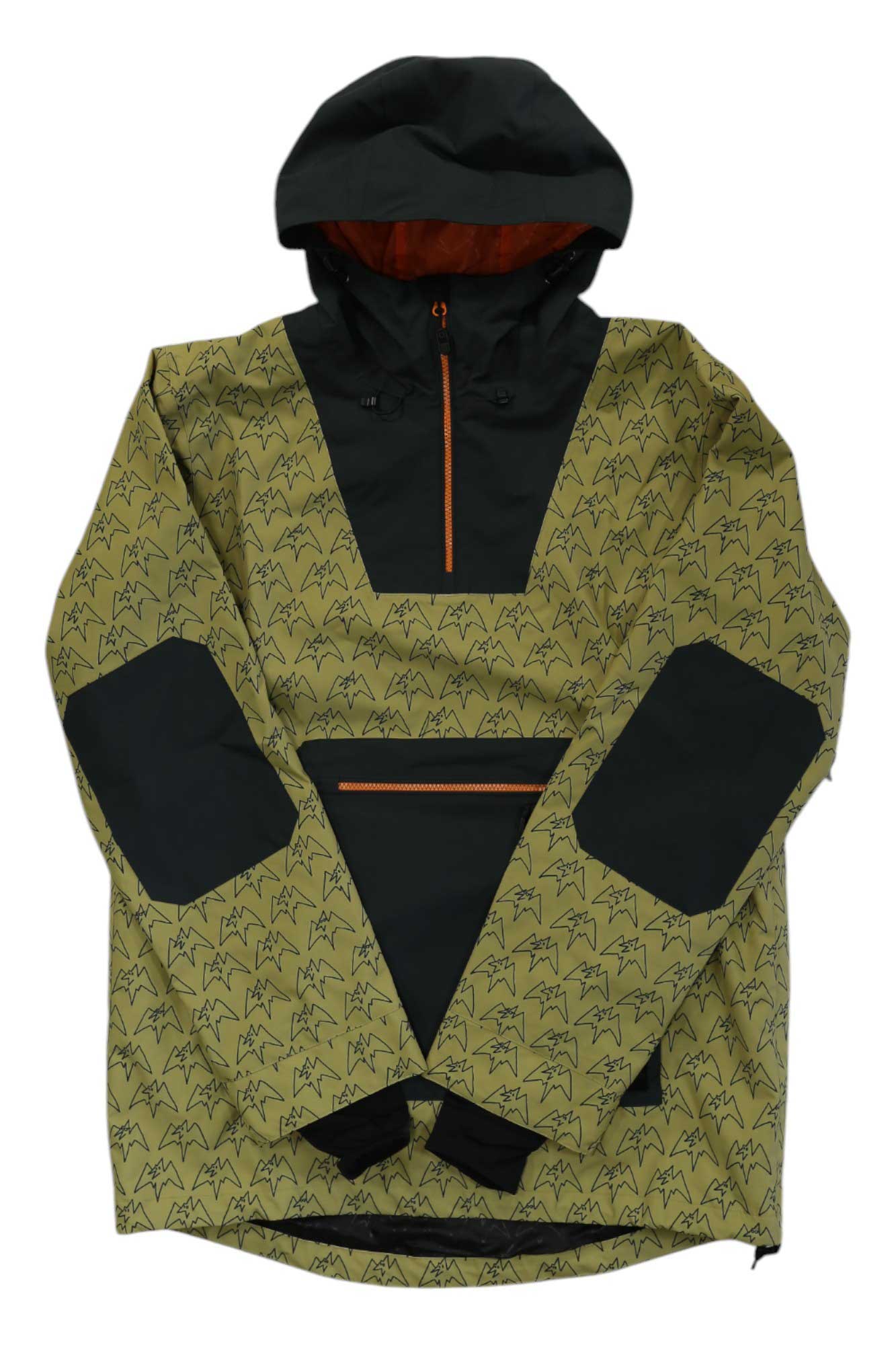 Men's hooded pullover jacket with green print, black hood, orange zip and pouch pocket