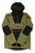 Men's hooded pullover jacket with green print, black hood, orange zip and pouch pocket