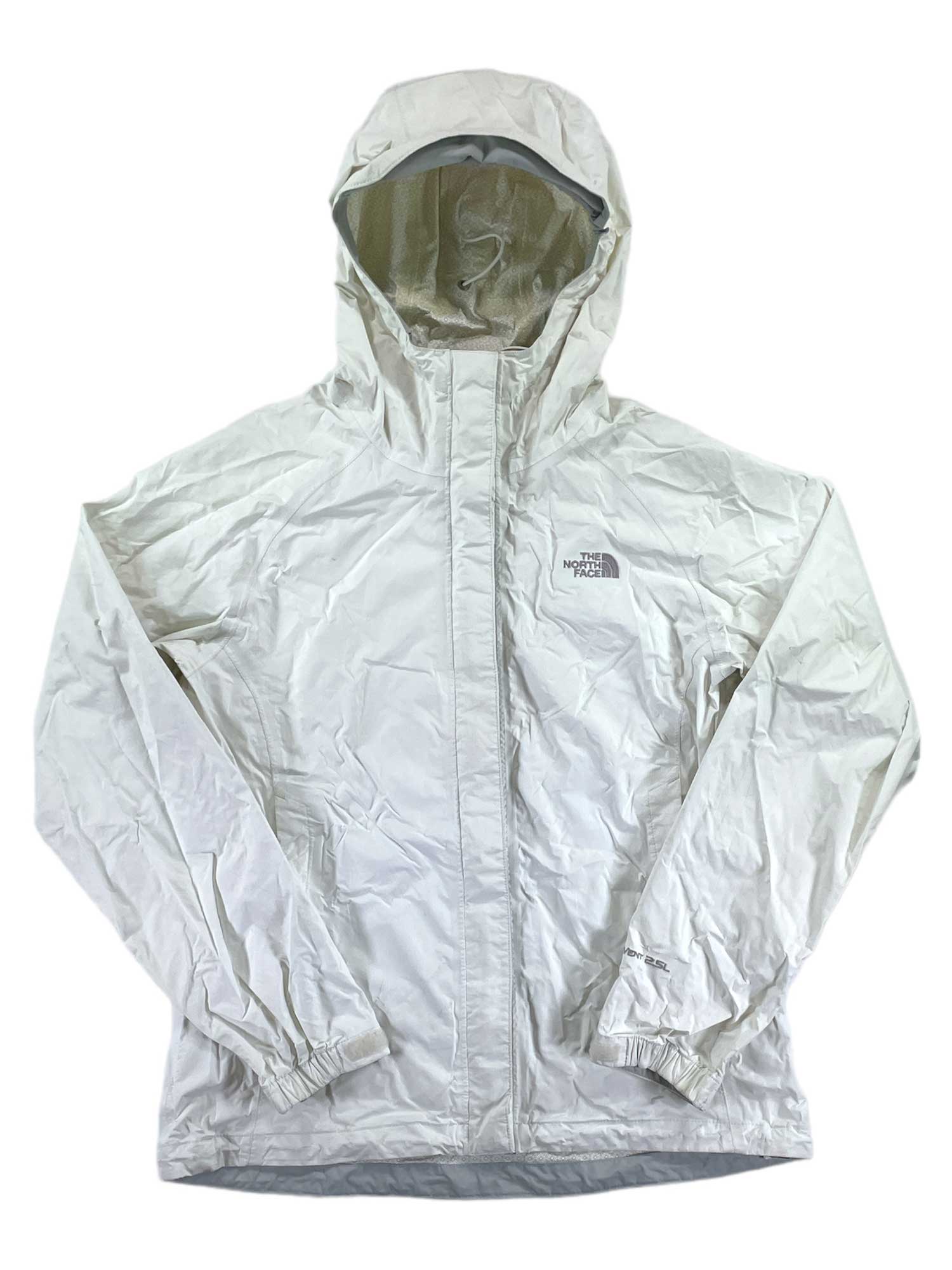 A light gray Columbia Women's Venture Jacket, made from waterproof breathable recycled materials, features a hood, front zipper, long sleeves with elastic cuffs, and the Columbia logo on the left chest, shown on a white background.