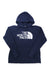 The Women's Half Dome Pullover Hoodie by The North Face in navy blue features a front pocket and white logo text and design printed on the chest.