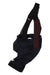 Men's black cycling bib shorts with red vertical stripe panel and wide straps