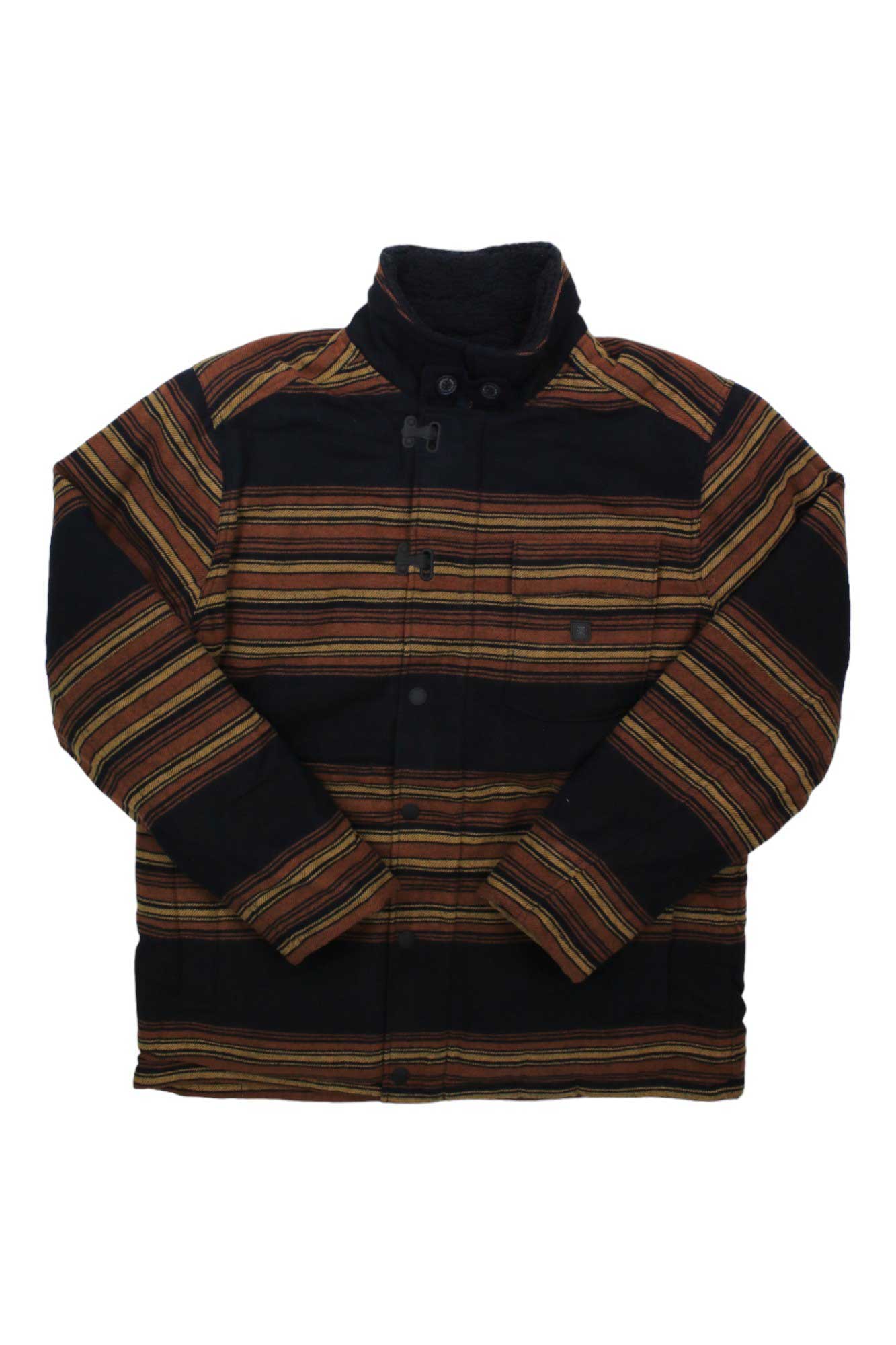 The Roark Mens Axeman Jacket is a long-sleeve insulated jacket with horizontal brown, orange, and yellow stripes on black. It features a high collar, button closure, and chest pocket—ideal for travel or casual wear.