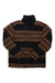The Roark Mens Axeman Jacket is a long-sleeve insulated jacket with horizontal brown, orange, and yellow stripes on black. It features a high collar, button closure, and chest pocket—ideal for travel or casual wear.