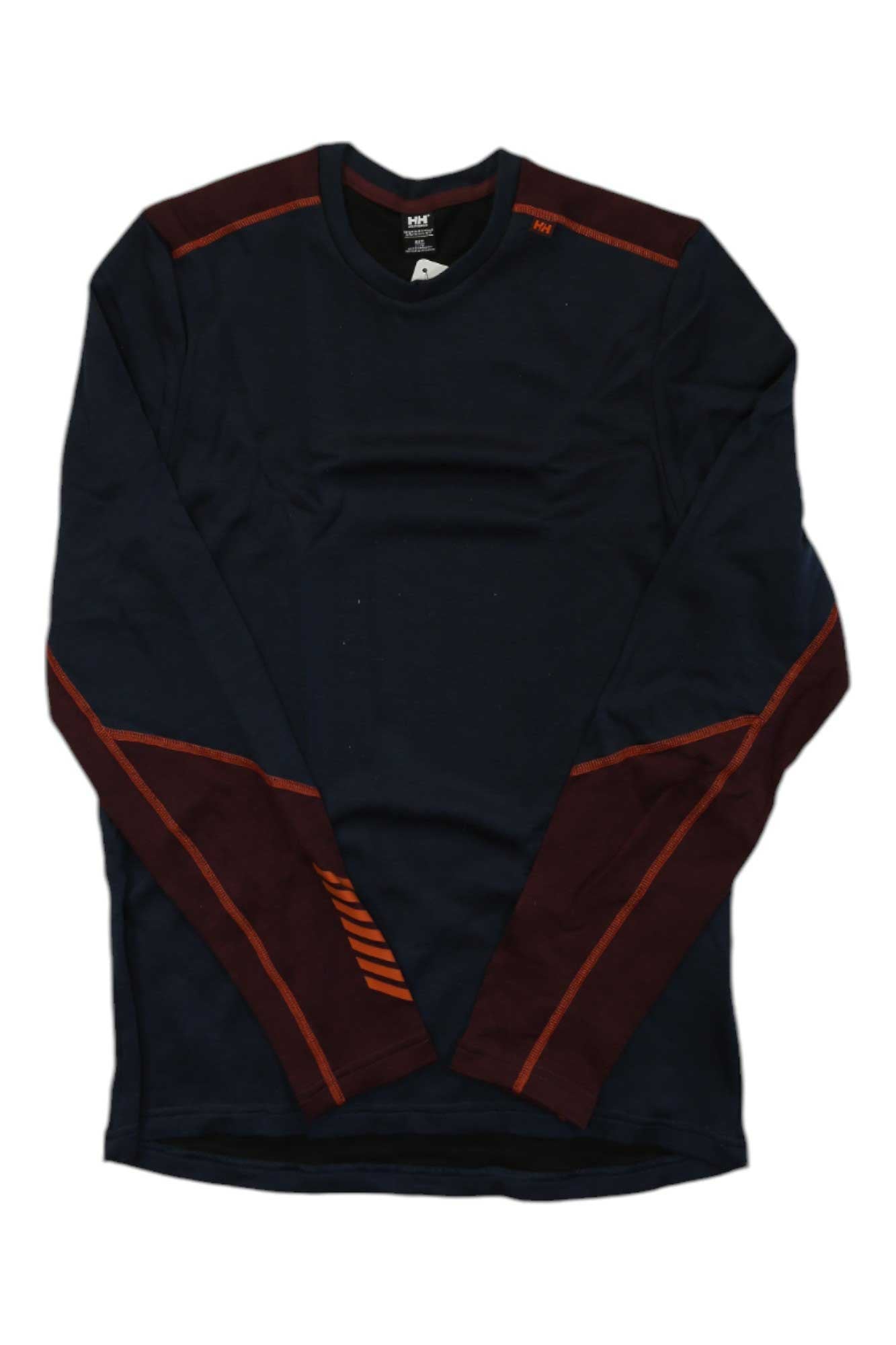 Men's merino crewneck long-sleeve base layer, dark navy, orange seam details