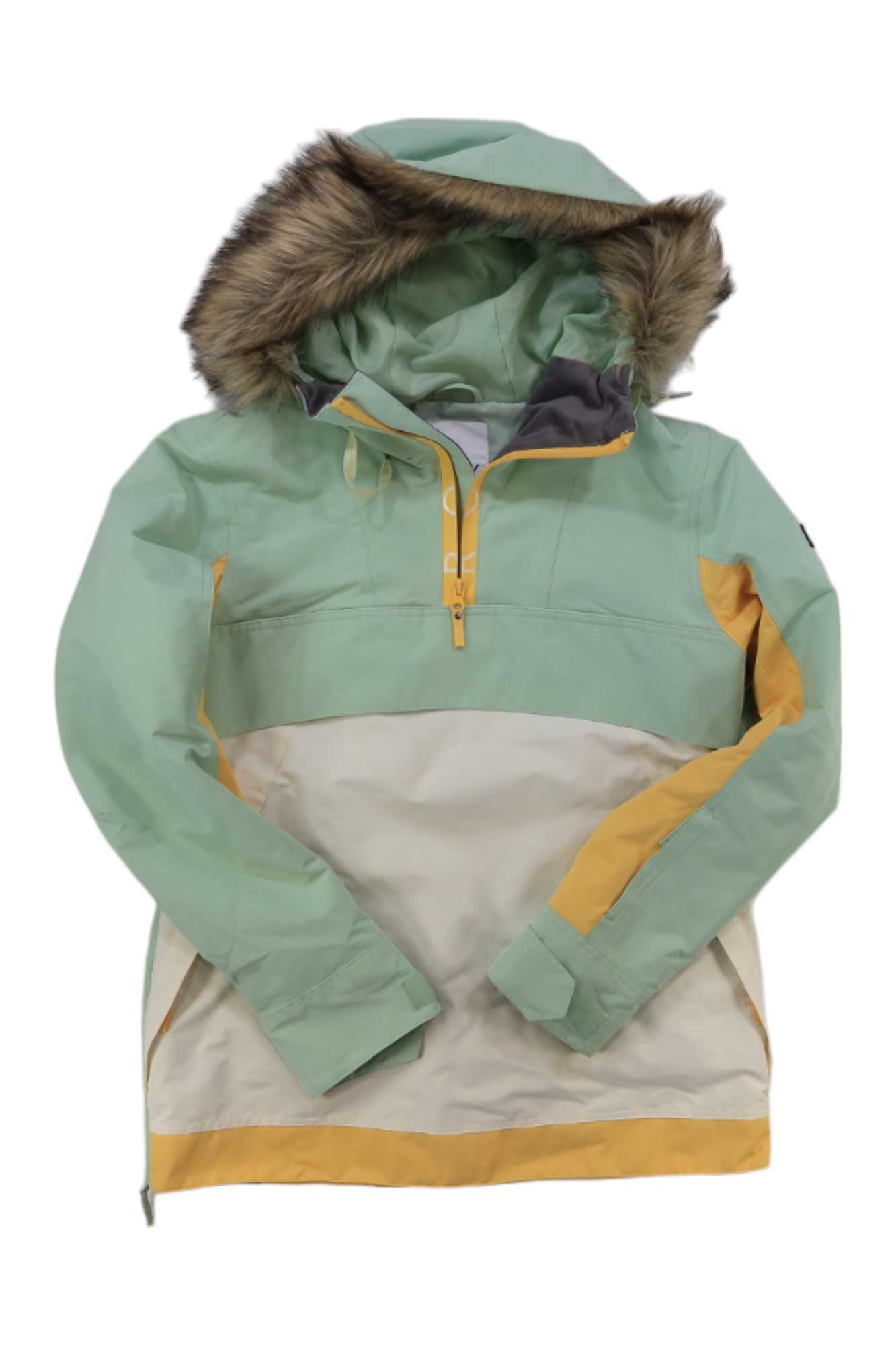 A Roxy Womens Shelter Jacket in light green and cream with yellow accents, eco-friendly insulation, and a faux fur hood is laid flat on a white background.