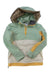 A Roxy Womens Shelter Jacket in light green and cream with yellow accents, eco-friendly insulation, and a faux fur hood is laid flat on a white background.
