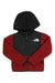 The North Face Boys Forrest Fleece Full Zip Hooded Jacket features a red and black design, chest pocket, full zip, hood, and white logo—ideal as a kids' outdoor adventure jacket.