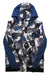 The Obermeyer Boys Gage Jacket features blue sleeves, a bold geometric pattern in black, white, and blue with red accents on the front and hood. This insulated ski jacket keeps boys warm and stylish on the slopes.
