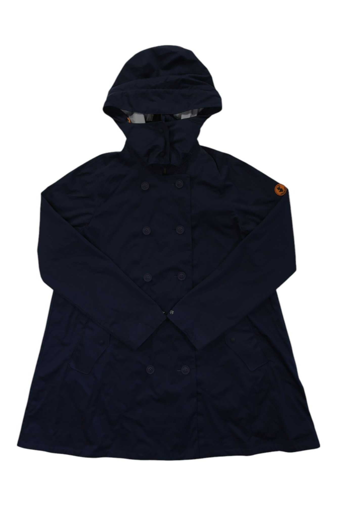 The Save The Duck Women's Full Length Hooded & Double Breasted Rain Coat in navy blue features long sleeves and a brown circular patch on the left arm, shown flat on a white background.