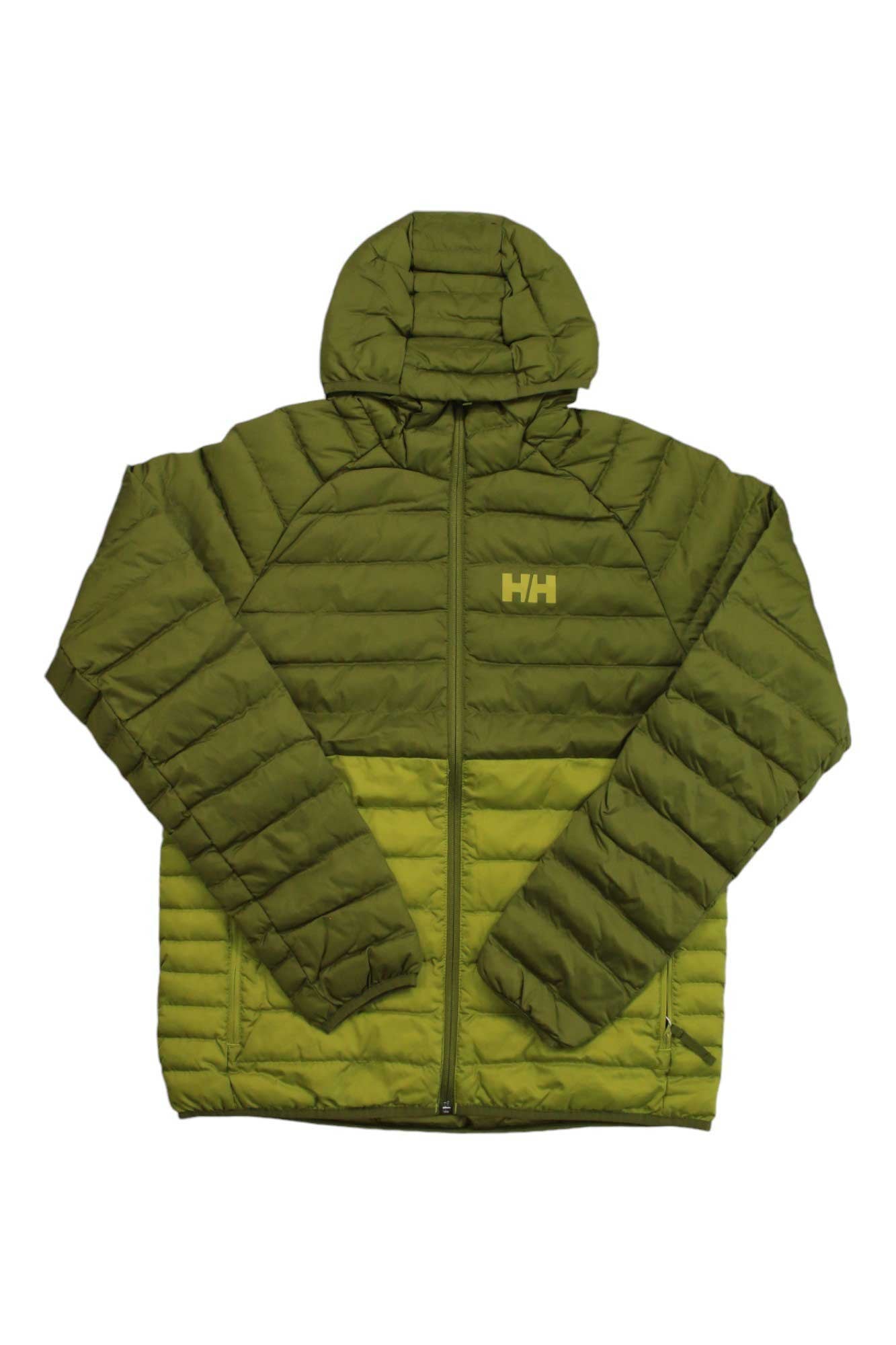 The Helly Hansen Men's Banff Insulator Hooded jacket features two-tone green, a front zipper, lightweight synthetic insulation for warmth, and the HH logo on the left chest.