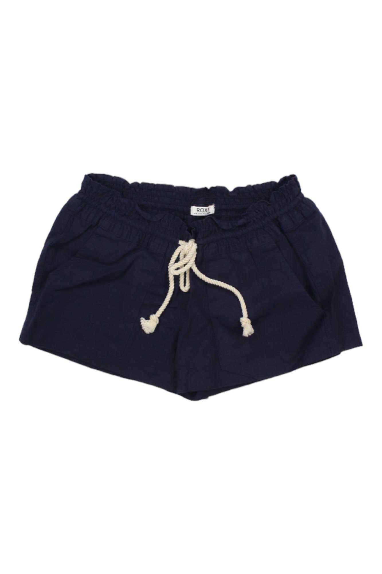 Women's dark navy drawstring shorts with elastic waist and white cord ties
