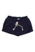Women's dark navy drawstring shorts with elastic waist and white cord ties