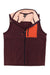 The Cotopaxi Womens Abrazo Fleece Vest is a maroon, sleeveless outdoor vest with a full front zipper, two side pockets, an orange chest pocket, beige inner lining, high collar, and is made from recycled materials.