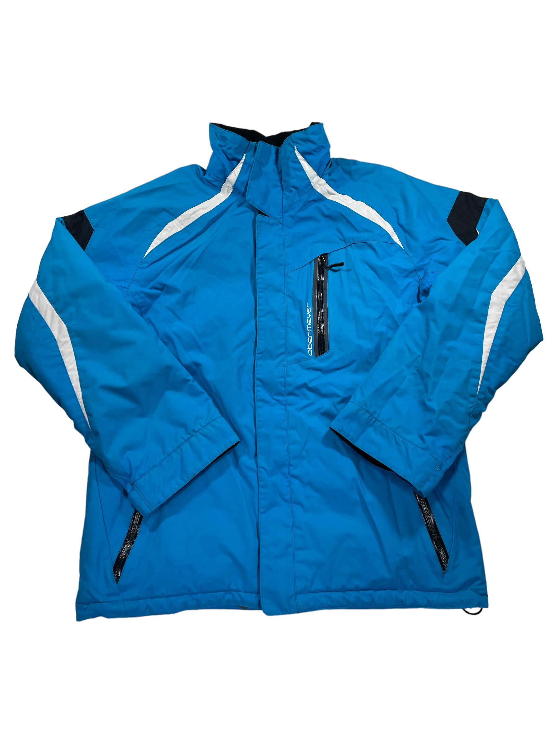 A blue Stratton Jacket with white and black accents, front zipper, zippered chest pocket, high collar, and insulation is laid flat on a white background.