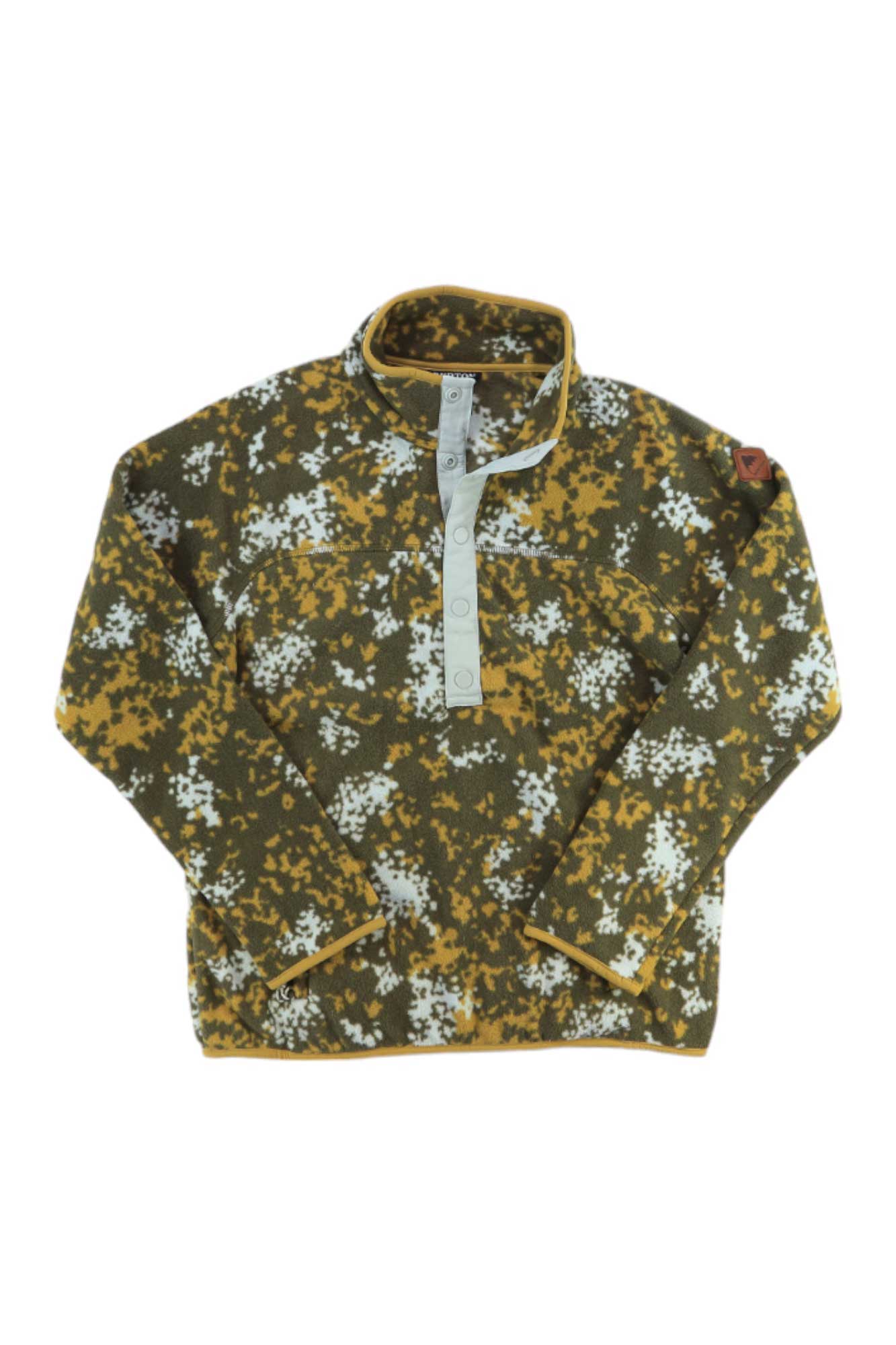 The Burton Womens Hearth Pullover is a long-sleeve microfleece jacket with a brown, mustard yellow, and white camo pattern, light gray buttoned placket, high collar, and is made from recycled polyester for cozy warmth.