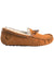 Men's chestnut suede shearling moccasin slipper with tie and strap detail