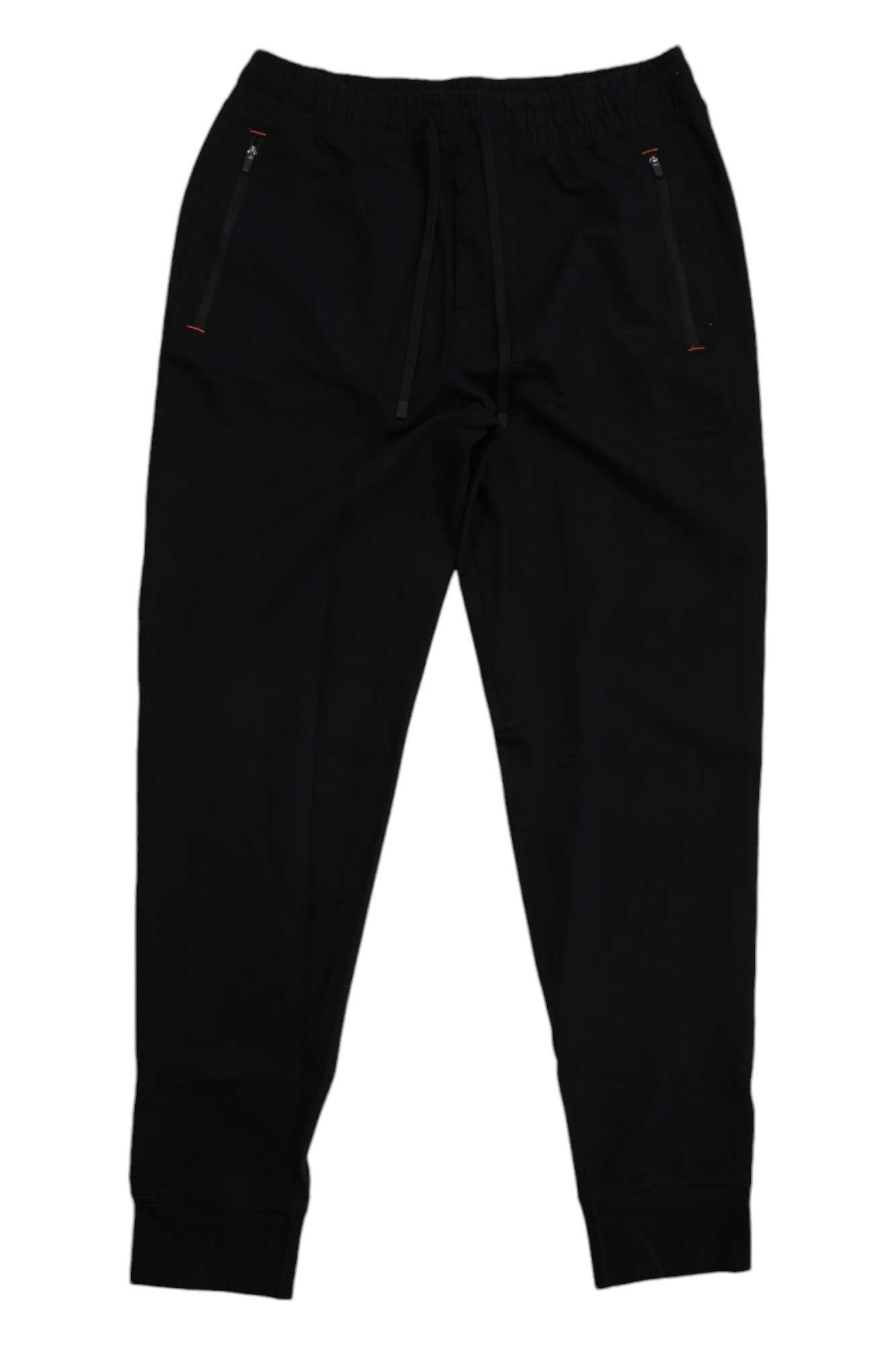 SAXX Mens Trailzer Jogger: black men's joggers with an elastic waistband, drawstring, and zippered side pockets, shown flat on a white background. Made from recycled polyester for hiking or daily comfort.