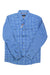 The Orvis Men's River Guide Shirt, featuring a blue and white checkered pattern, long sleeves, collar, front pockets, brown buttons, and moisture-wicking fabric, is shown laid flat on a white background.