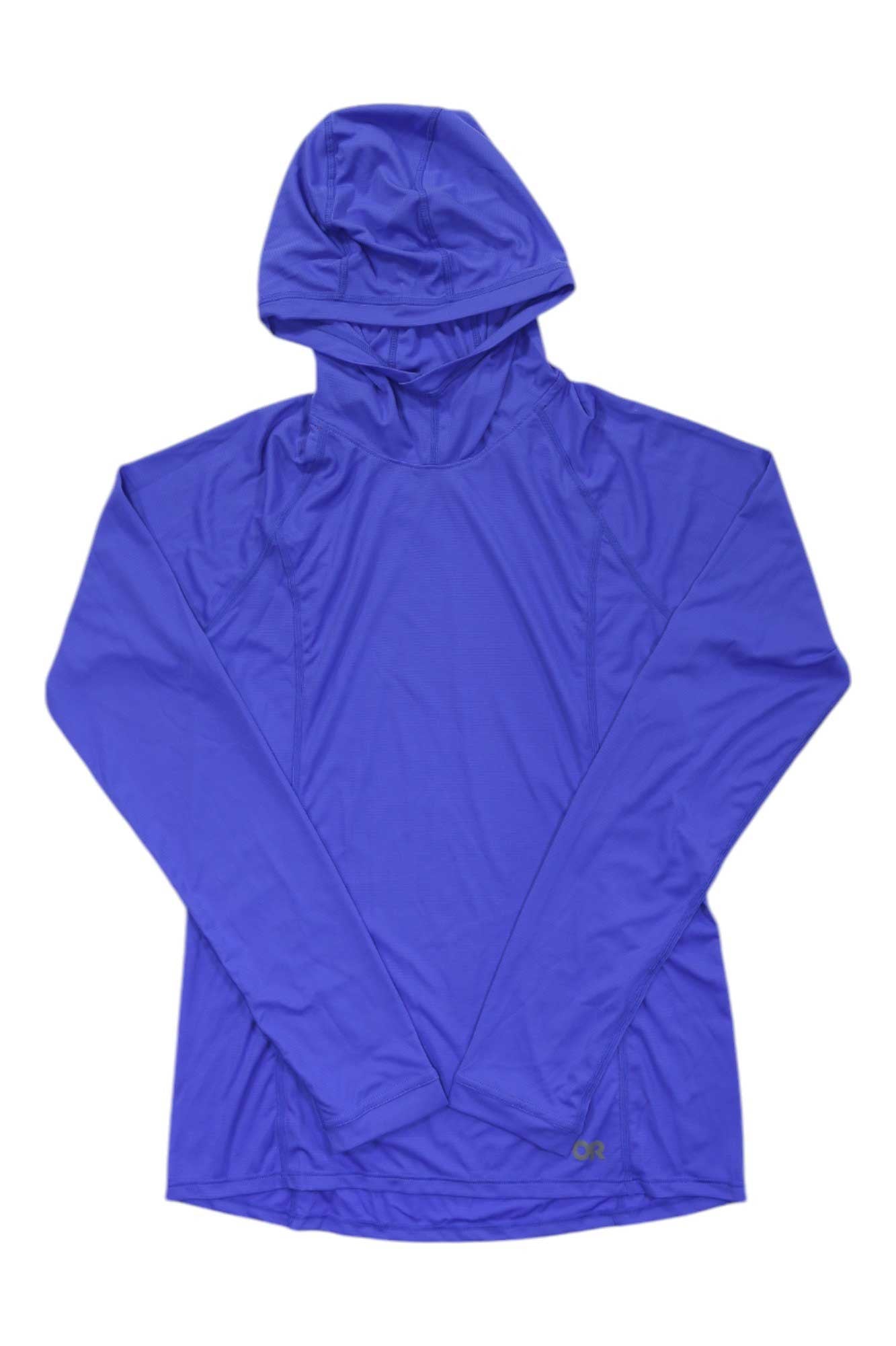The Outdoor Research Women's Echo Hoodie is an ultralight, long-sleeve, hooded top in solid bright purple. Shown laid flat on a white background, it features lightweight, stretchy, moisture-wicking fabric with no patterns or visible logos.