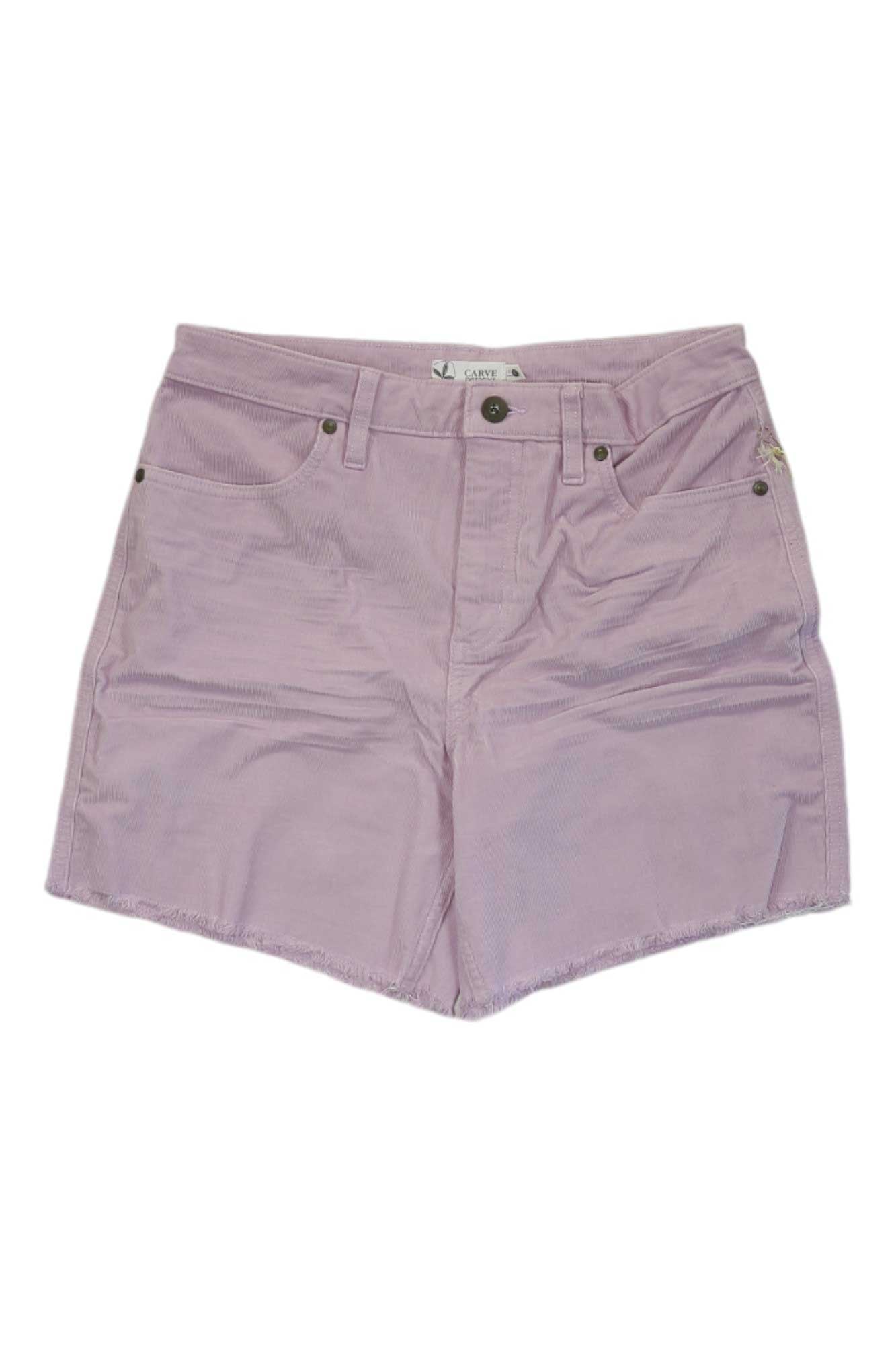 Carve Designs Womens Oahu Hi Rise 6 Inch Short in light purple corduroy features a frayed hem, front and back pockets, metal rivets, belt loops, and button-zip closure—crafted from organic cotton for relaxed summer days.