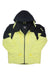 The Salomon Men's Brilliant Jacket is a yellow and black waterproof hooded ski jacket with PrimaLoft Eco insulation, front zipper, two chest pockets, and "SAILOR" on the left sleeve. The hood and shoulders are black; the body is yellow.