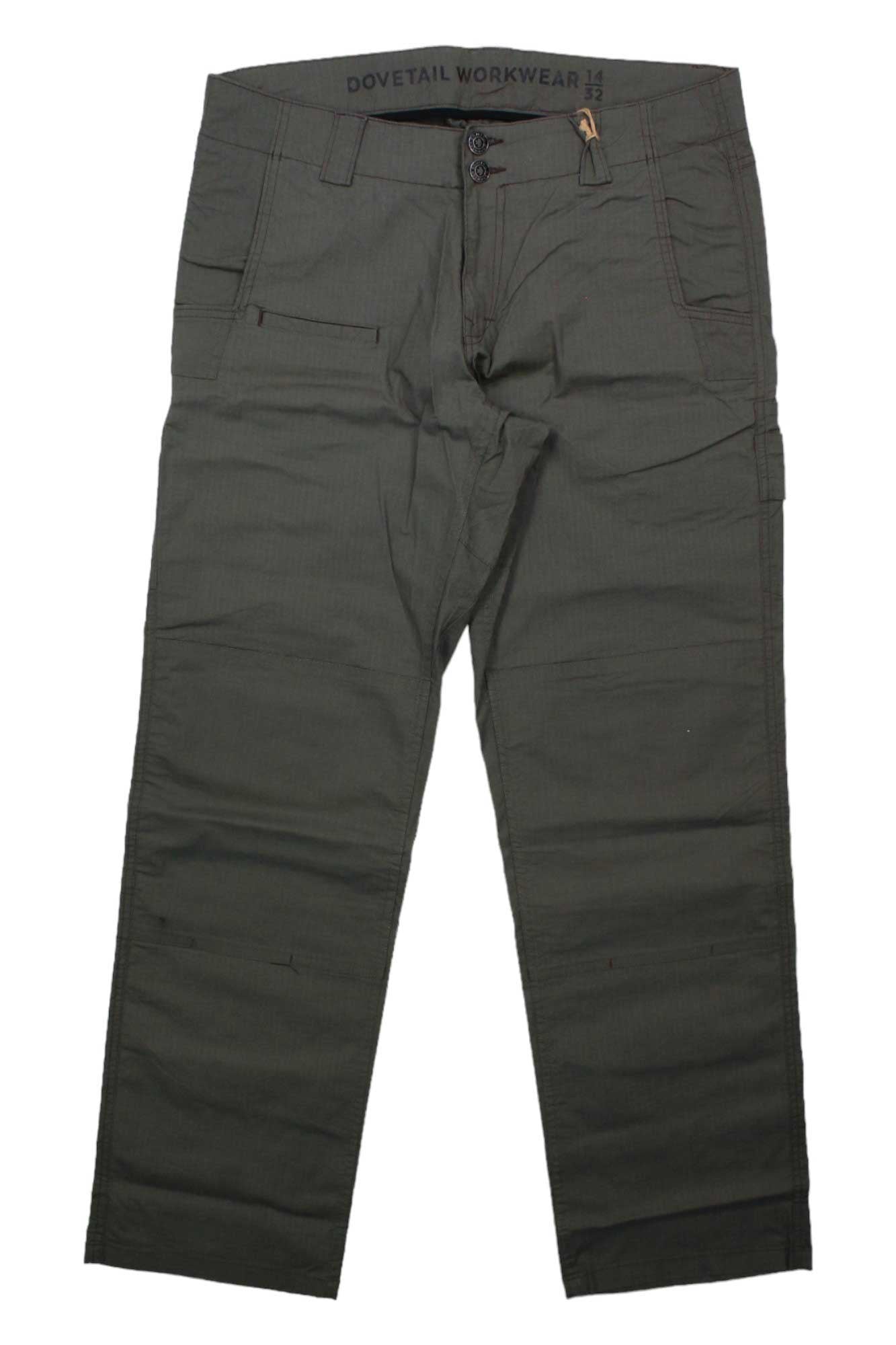 Dark green Dovetail Womens Day Construct Pant with straight legs, utility pockets, multiple belt loops, and reinforced knees, shown flat on a white background. "Dovetail Workwear" is printed inside the waistband.