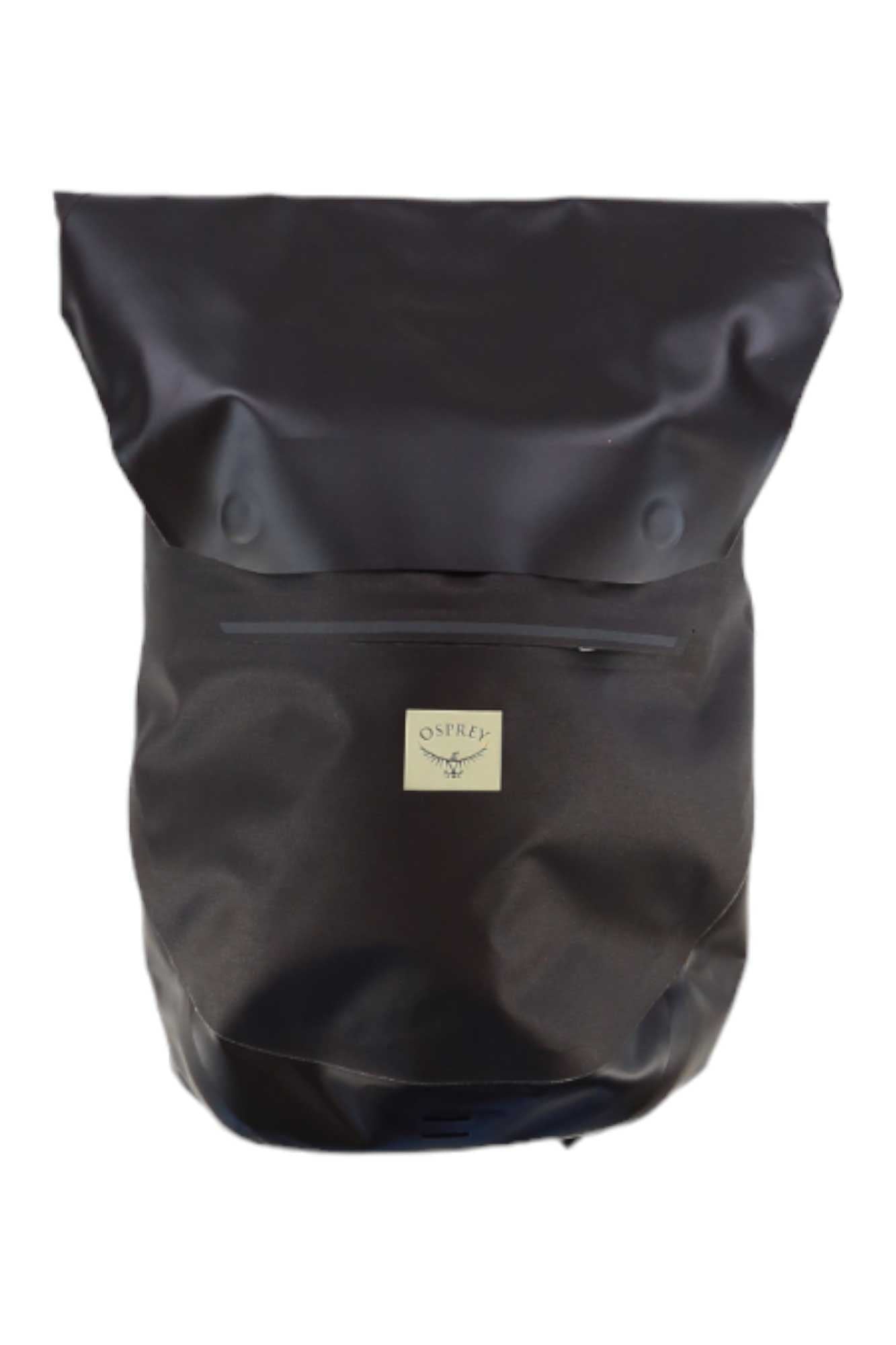 The Osprey Arcane Roll Top Waterproof 25 Bag is a black, recycled nylon bag with a small Osprey label on the front, shown against a white background.
