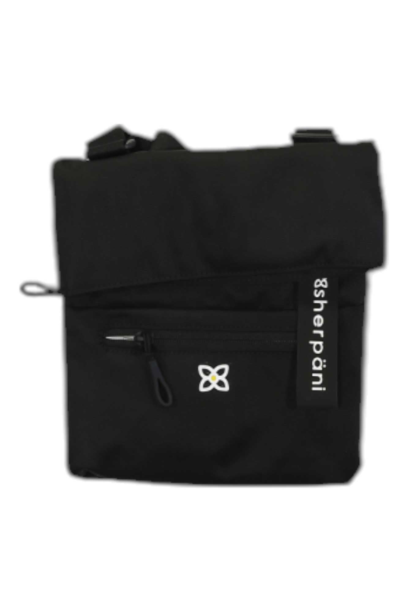 The Sherpani Womens Pica Cross Body Bag is a black crossbody made from recycled materials, with a front zipper pocket, small white flower logo, and a sherpani tag on the zipper pull.