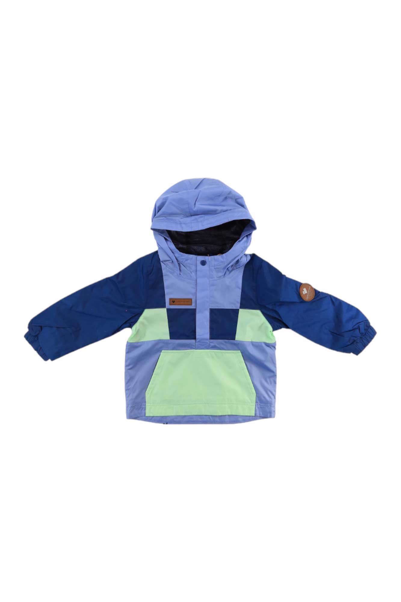 The Obermeyer Kids Finn Windbreaker Jacket is a hooded, long-sleeve windbreaker in blue and light green with a front pocket and a brown patch on the left sleeve.