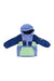 The Obermeyer Kids Finn Windbreaker Jacket is a hooded, long-sleeve windbreaker in blue and light green with a front pocket and a brown patch on the left sleeve.