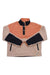 The North Face Womens Cragmont Fleece 1/4 Snap Top features peach, beige, and black color-blocking, a high collar, quarter snap front, two zippered pockets, and is made from recycled polyester for sustainable comfort.