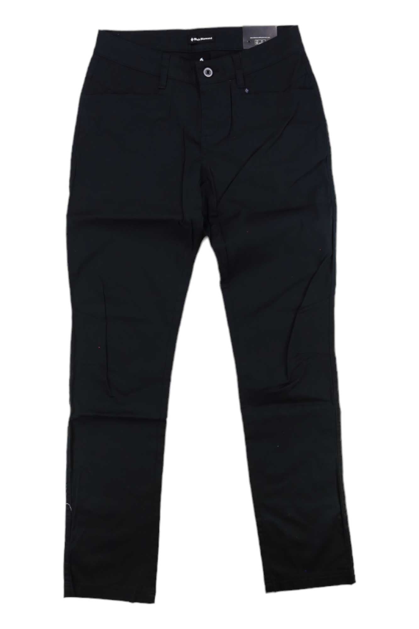 The Black Diamond Womens Notion SL Pant features front pockets, belt loops, and a button closure—perfect travel pants for women seeking comfort and style.