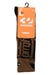 The ThirtyTwo Signature Merino Sock in brown and black, size S/M, features an orange and white thirtytwo label reading "Riker Haven Snowboarding." Packaged with a black hook, they're perfect for riders seeking slope-ready comfort.