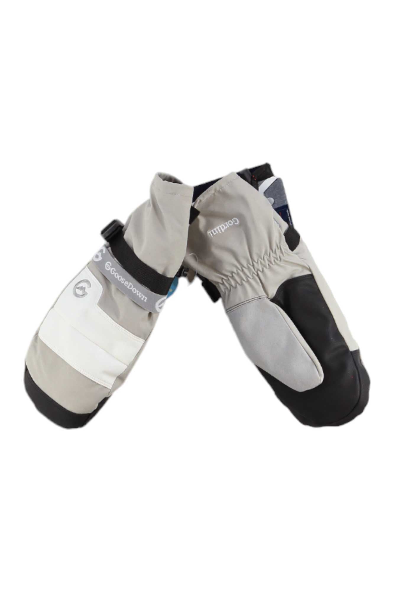 The Gordini Women's Aquabloc Down Gauntlet Mitt, in grey, white, and black, features adjustable wrist straps and reinforced palms. These waterproof ski mitts are shown against a plain white background.